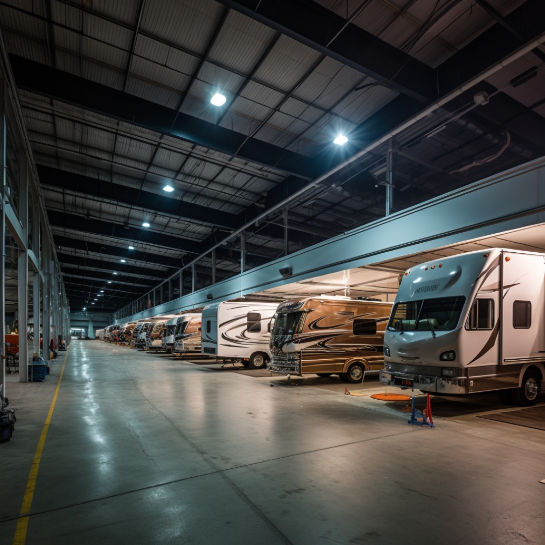 A large indoor rv storage facility.